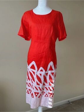EY Signature Orange Midi Dress with White Geometric Trim
